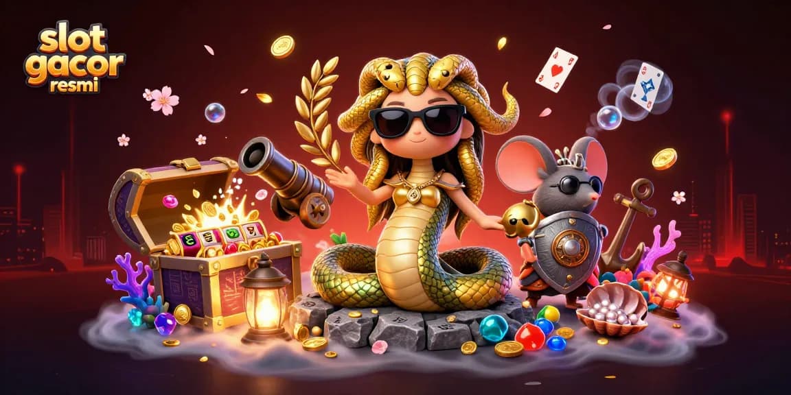 Slot gacor resmi menawarkan pengalaman bermain yang seru dengan karakter Medusa dan mouse prajurit di latar belakang kasino.