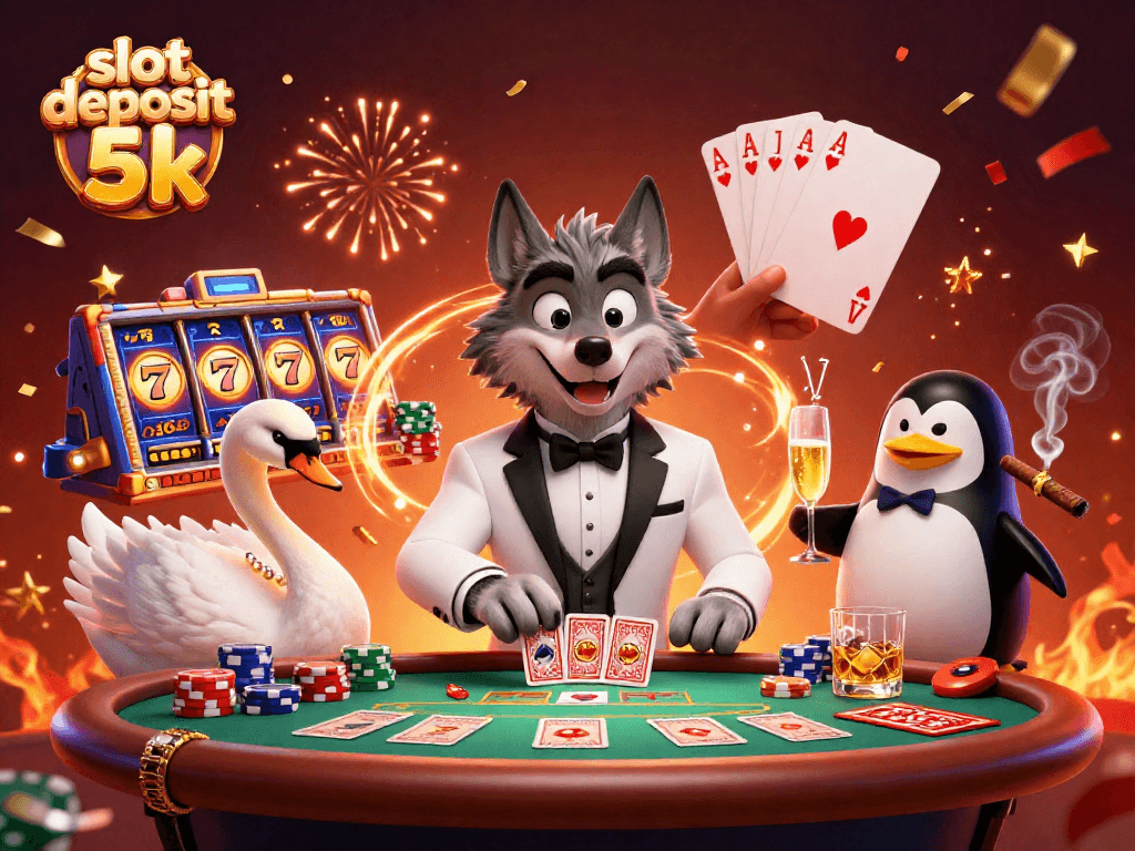 Experience thrilling wins at the slot deposit 5k casino, featuring a lavish gambling scene with vibrant characters.