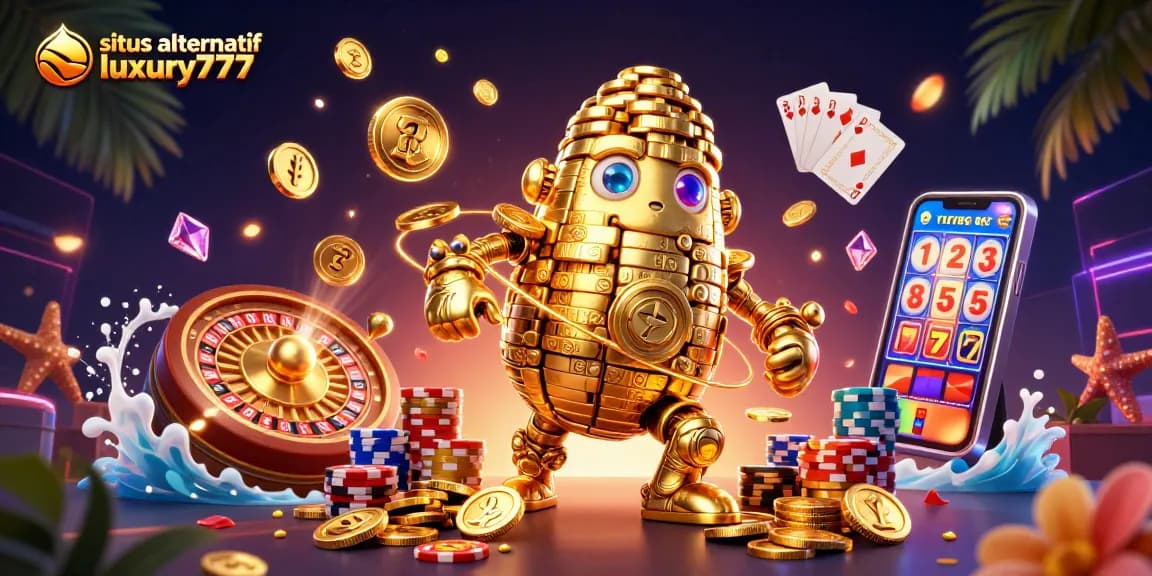 Situs alternatif luxury777: gambar ilustrasi kasino dengan golem emas dan elemen permainan yang memukau