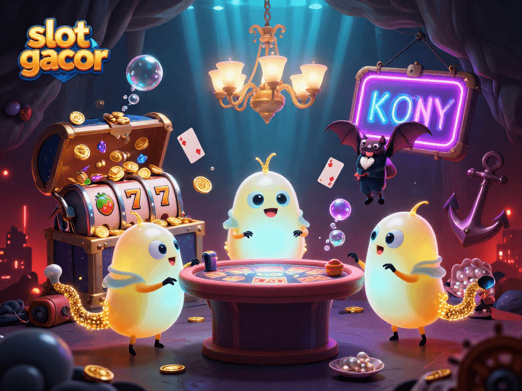 Experience slot gacor action in a vibrant cave casino scene with glowworms and a bat dealer.
