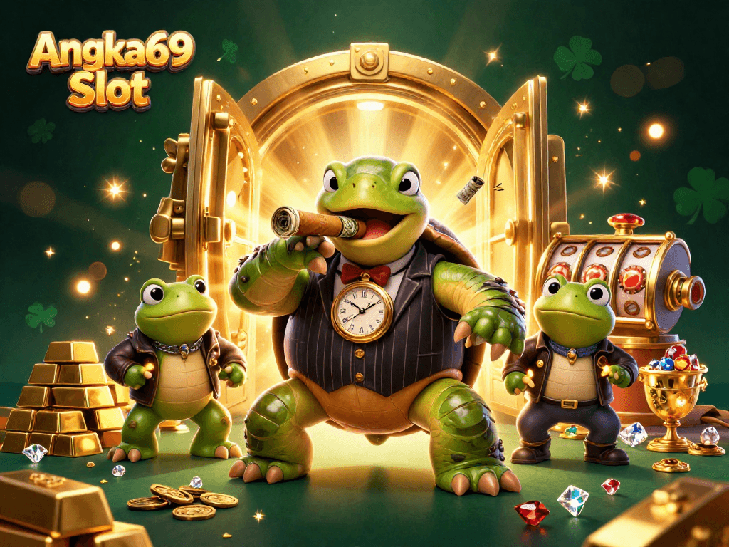 Experience gaming excitement at Angka69 Slot with a playful turtle in thrilling casino settings.