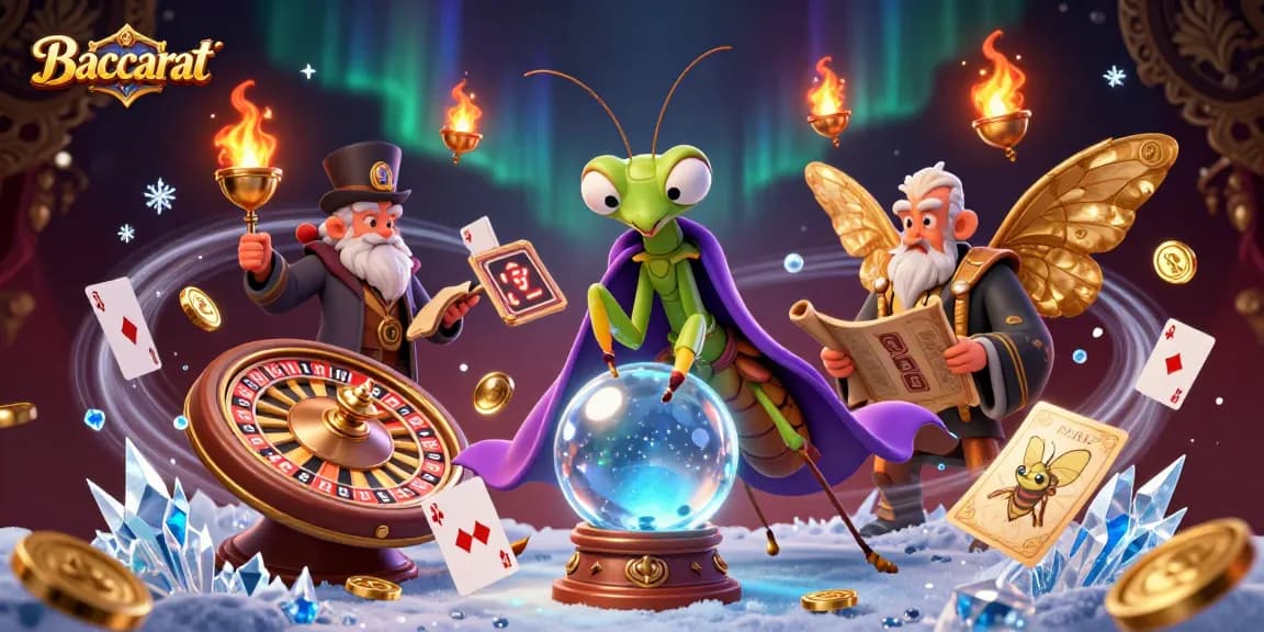 Engage in Baccarat gameplay with a mystical theme featuring floating oracles and fortune tellers.