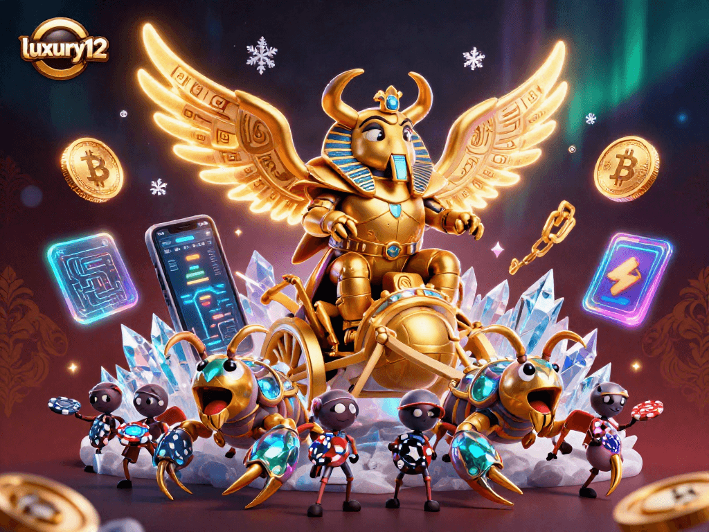 Menangkan jackpot di luxury12 dengan chariot ajaib yang dikelilingi koin kripto dan chip poker.
