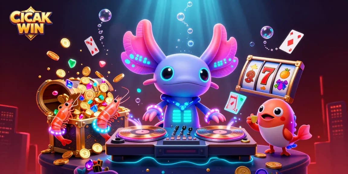 CICAK WIN captivates players with a vibrant underwater casino scene featuring a DJ axolotl and dynamic gaming elements.