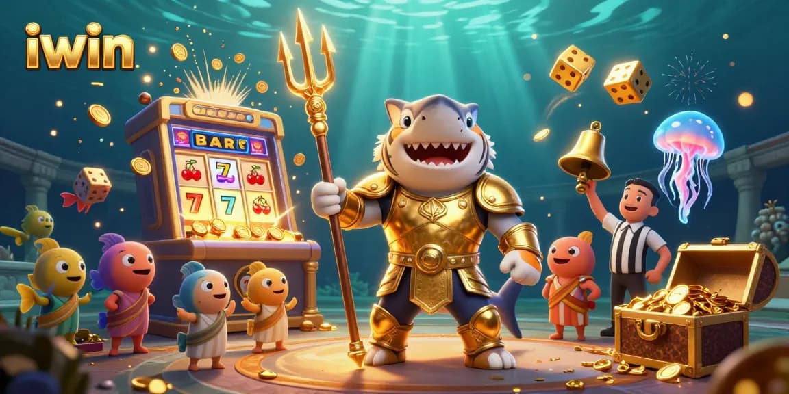 Experience iwin's exciting underwater casino with a tiger shark, slot machine, and gold coins!