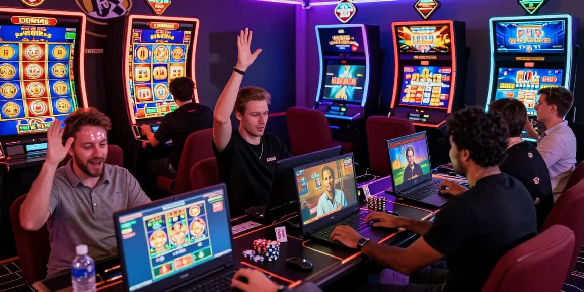 Exciting gaming scene highlighting new online casinos UK with players engaging on laptops and mobile devices.
