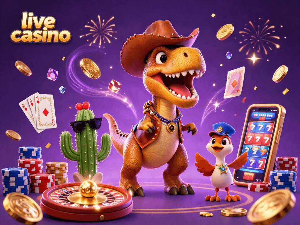 Experience the thrill of live casino gaming with a dynamic scene featuring colorful characters and casino elements.