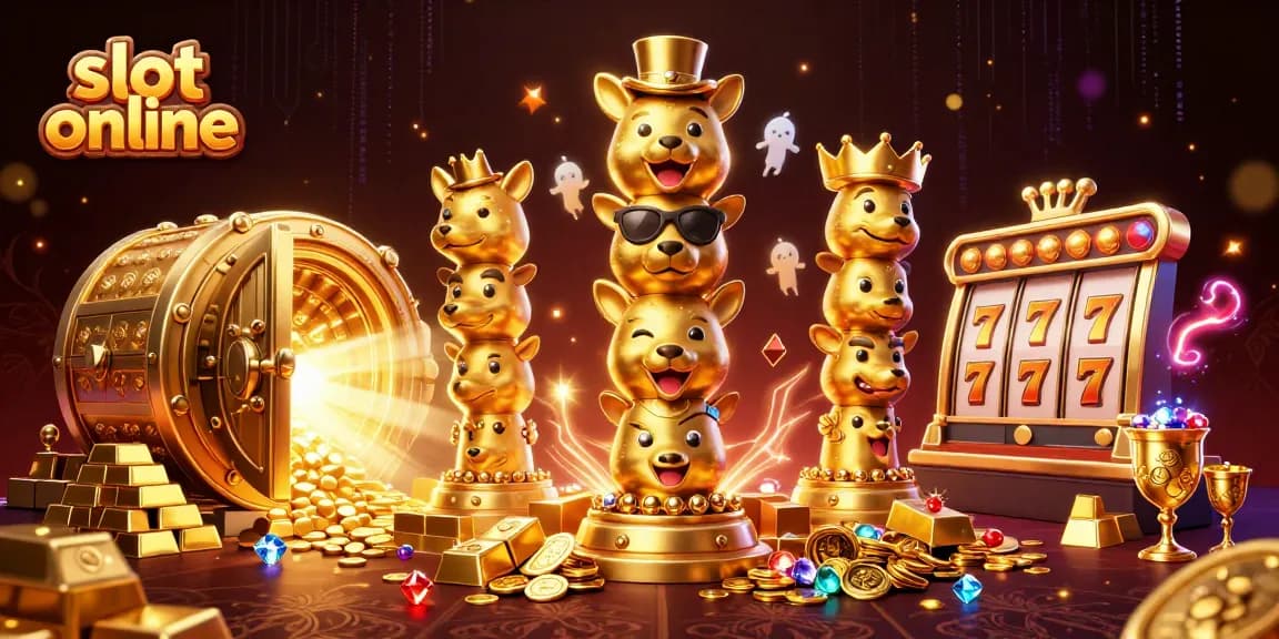 Mainkan slot online dengan kemenangan maksimal dan simbol keberuntungan, di tengah harta karun bersinar.