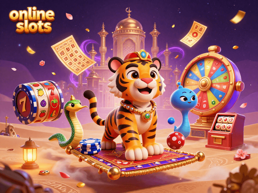 Experience thrilling online slots magic with our vibrant illustrated scene of pokies action.