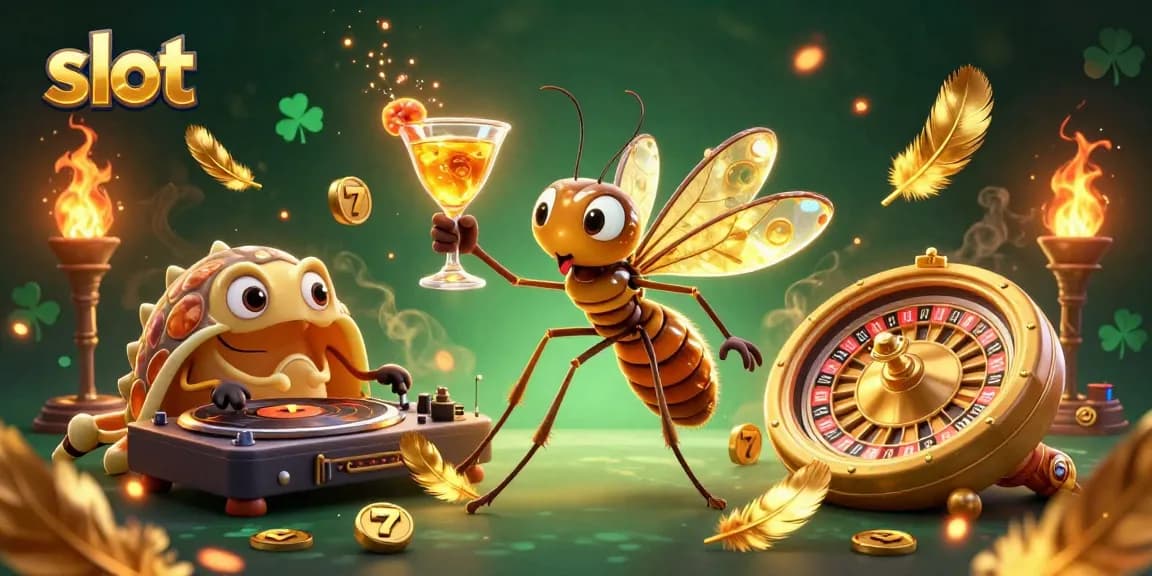 Menggulung slot permainan seru dengan karakter kasino kartun pada ilustrasi 3D yang megah.