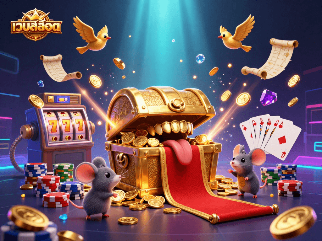 Engage with เว็บสล็อต featuring a vibrant 3D scene of adventure mice drawn to a treasure chest, amidst sparkling elements.