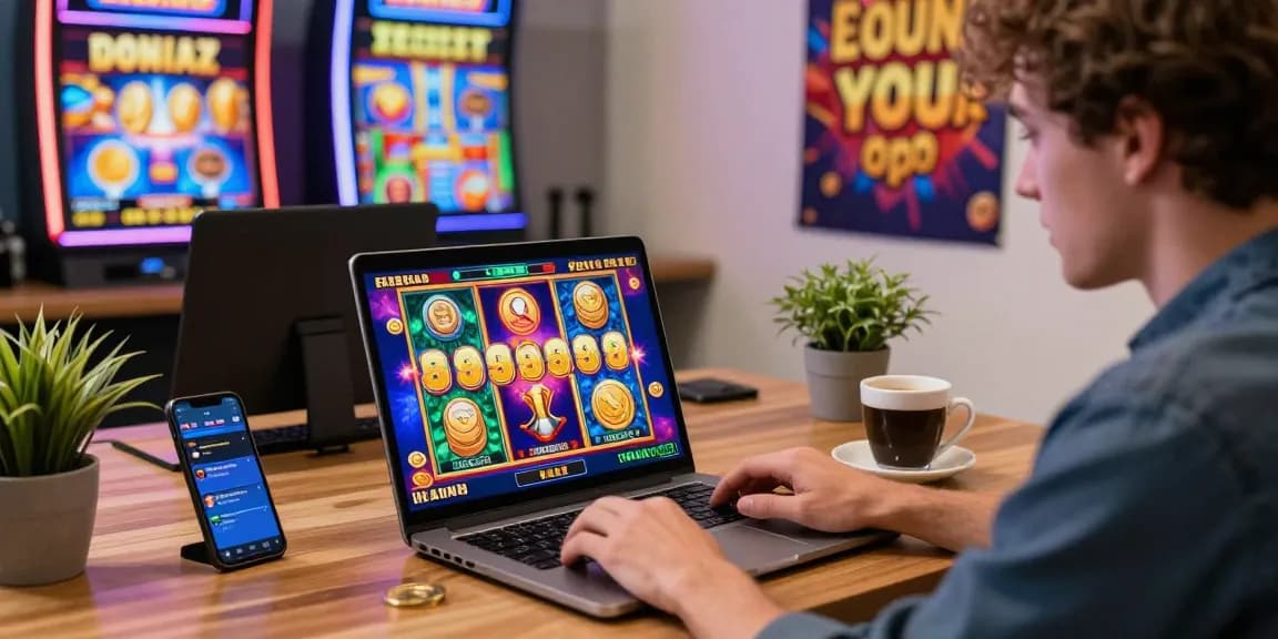 Engaging player enjoying bonus buy slots UK on laptop in vibrant home office environment.