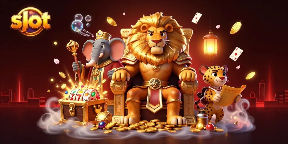 Menangkan slot dengan mahakarya 3D yang menampilkan raja singa, gajah, dan gepard di kasino.