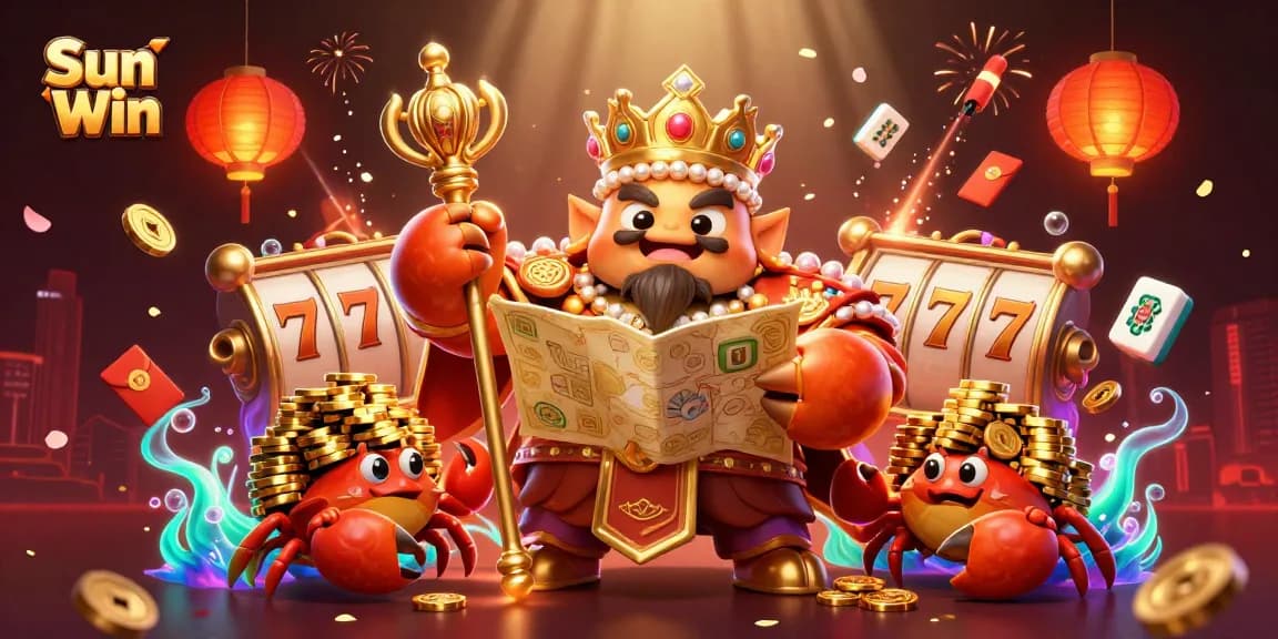 Engage in captivating gameplay at Sun Win with a massive golden crab emperor and vibrant casino elements.