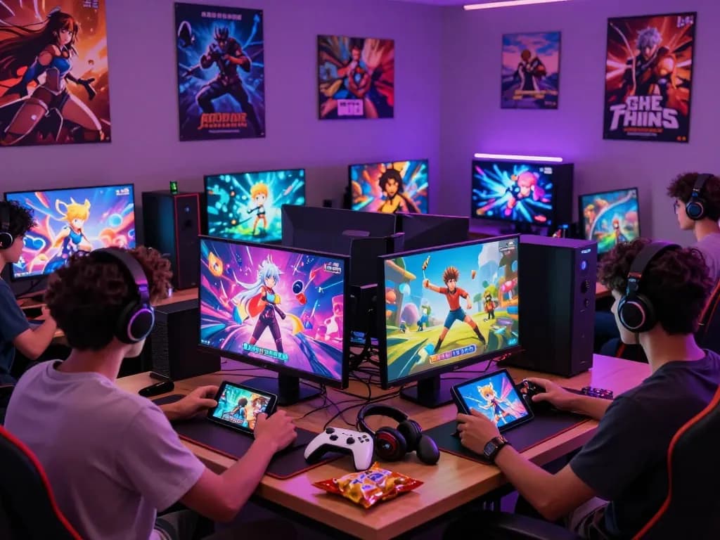 Engaging scene of players enjoying porngames in a cozy gaming lounge with vibrant visuals.