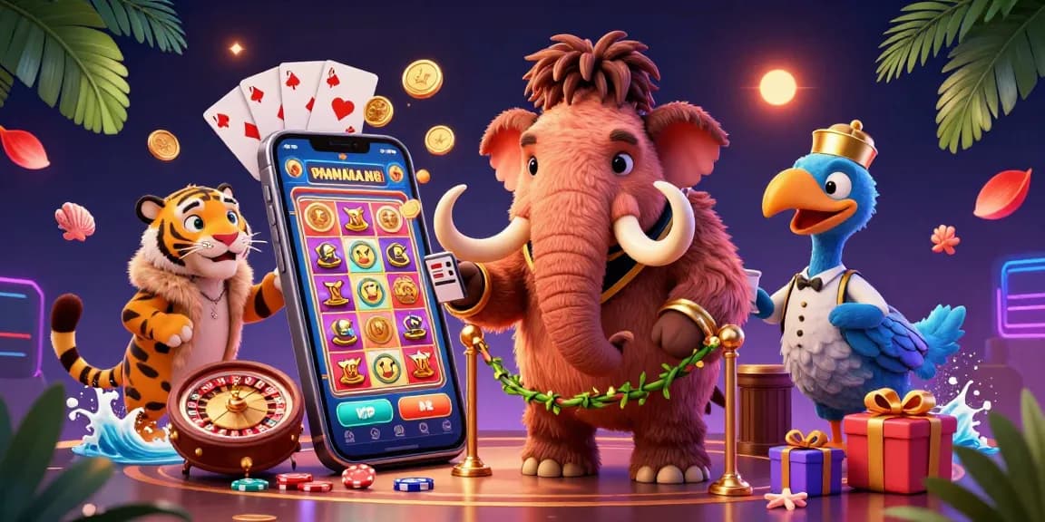 Immerse in the vibrant world of Sun Win, where a woolly mammoth bouncer welcomes casino guests amidst dynamic slot games and golden coins.