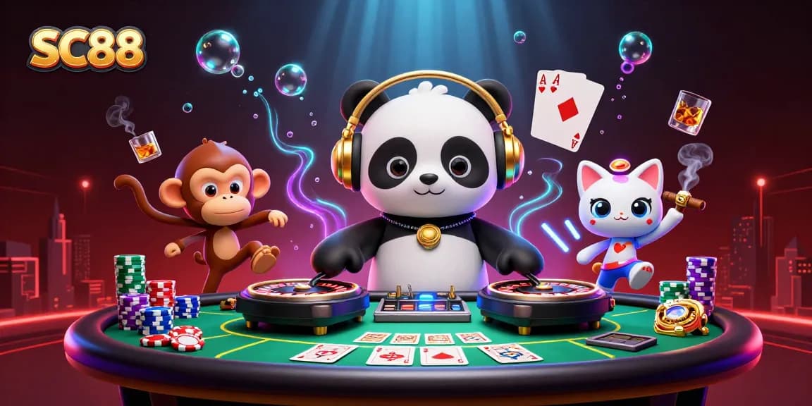 Spin the wheels with SC88's vibrant 3D casino scene featuring entertaining characters.