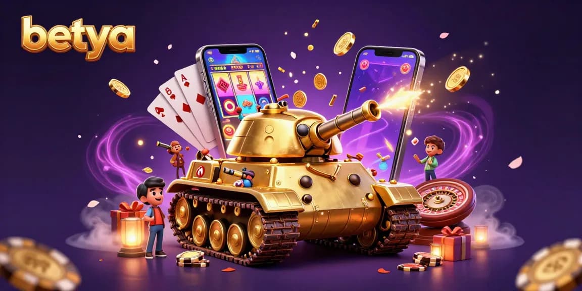 Engage with betya in this vibrant 3D illustration of a gold beetle tank revealing a miniature casino scene.