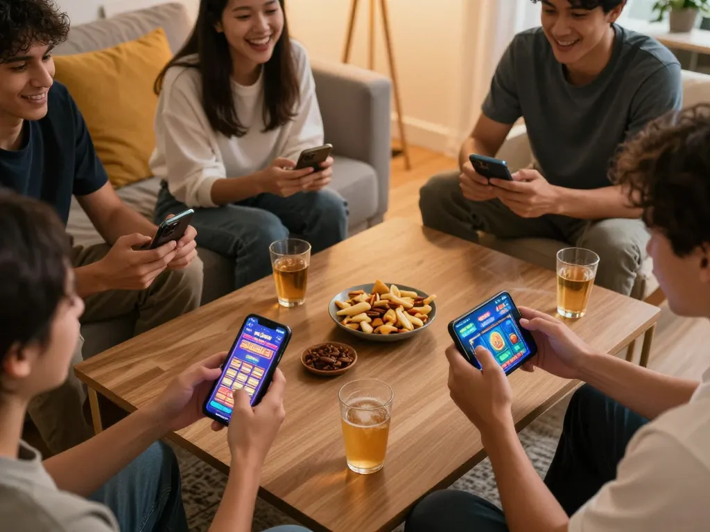 Pemain menikmati PG Soft Demo Gratis di smartphone dalam suasana rumah yang nyaman.