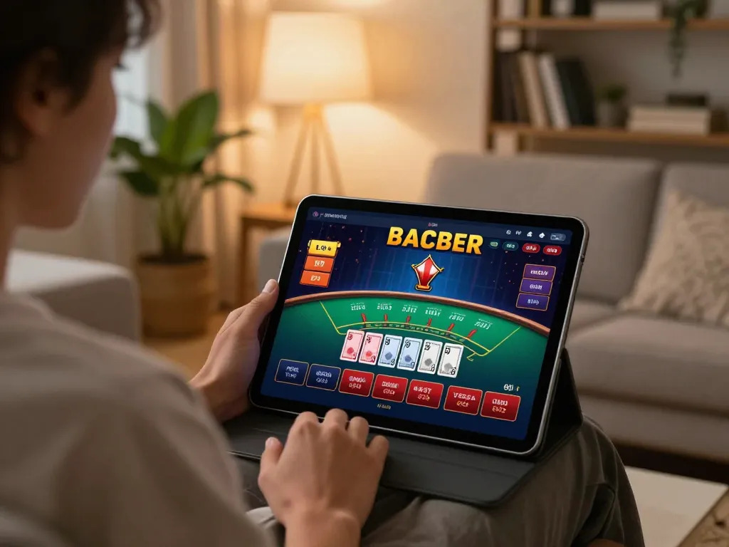 Engaging with Casino Online on a tablet in a cozy home setting, showcasing a live dealer Baccarat game.