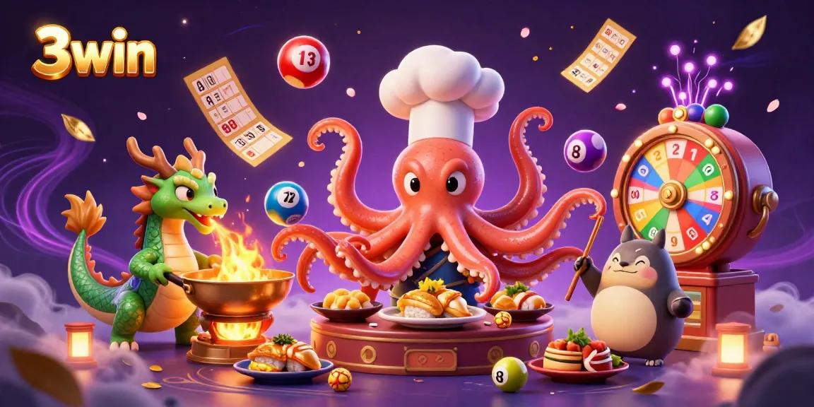 Experience the excitement of winning with 3win in this vibrant 3D casino illustration featuring a sushi chef octopus, dragon, and tanuki.