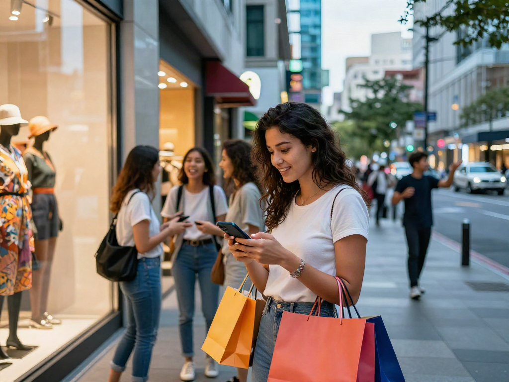 A young woman exploring a stylish clothing slot on her smartphone while shopping in a vibrant urban setting, surrounded by colorful storefronts.