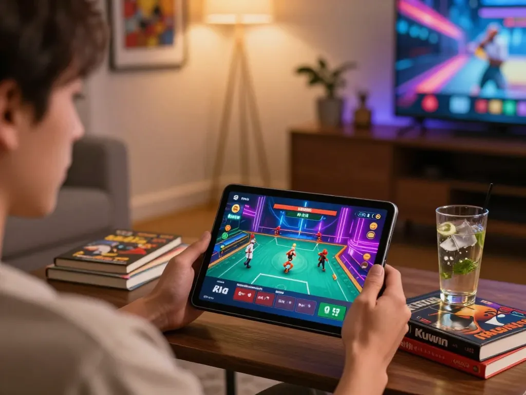 Kuwin user enjoying online casino games on a tablet in a cozy home setting