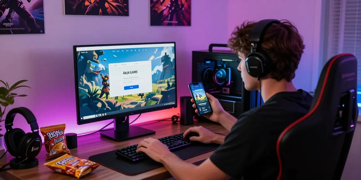 Raja Game login page displayed on a computer screen with a gamer preparing to play.