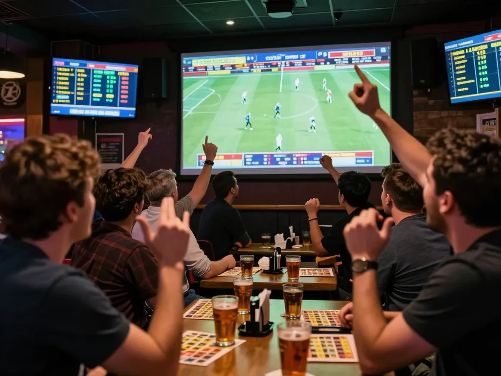 Tỷ lệ nhà cái showcased in a vibrant sports betting scene with enthusiastic patrons placing bets.