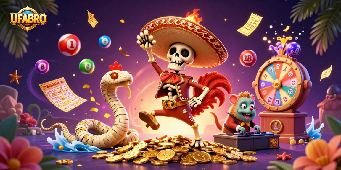 Experience the thrill at UFABRO with vibrant lottery balls and a festive, animated scene.
