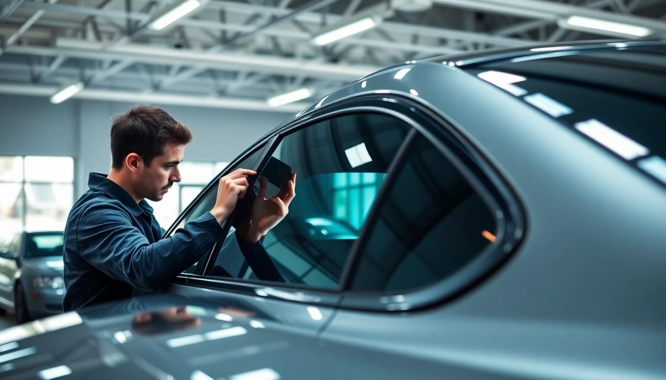 Installing window tint near me with a technician focused on a sleek vehicle in a bright garage.