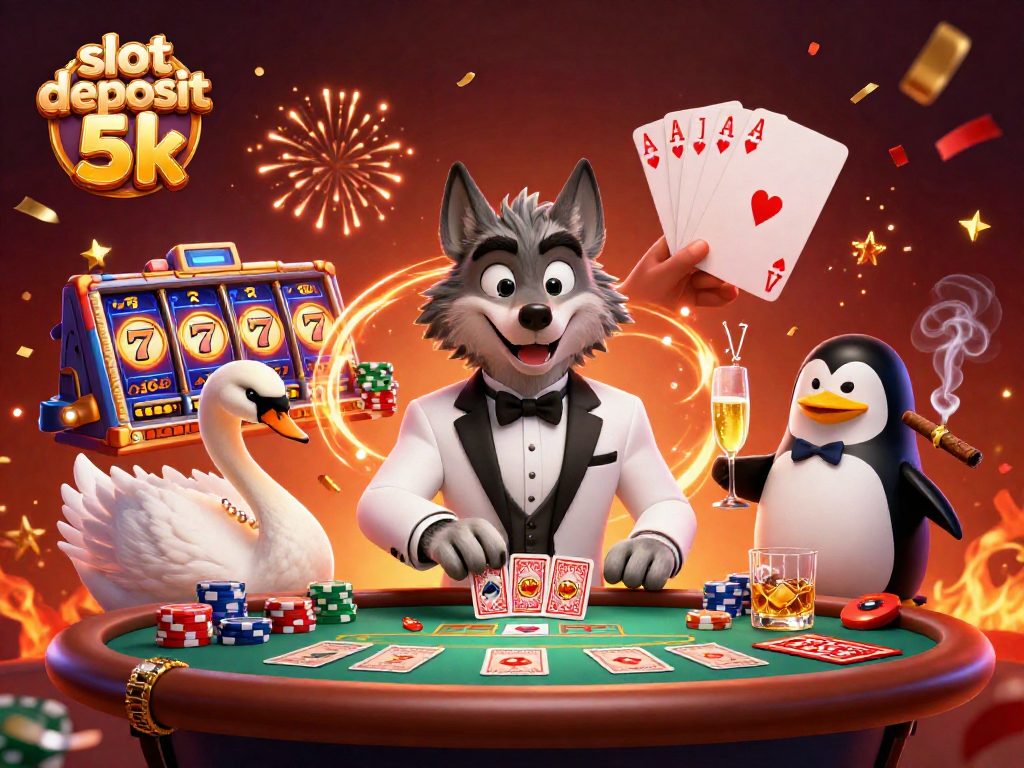 Experience thrilling wins at the slot deposit 5k casino, featuring a lavish gambling scene with vibrant characters.