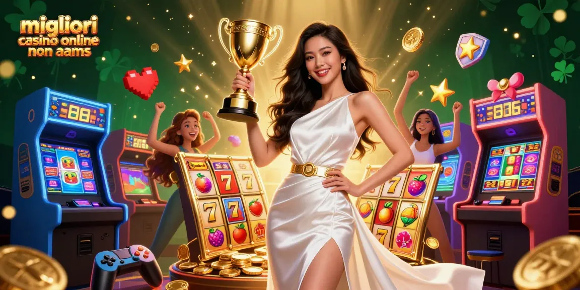 Migliori casinò online non AAMS - Stupenda donna asiatica vincente con un trofeo tra rulli di slot vibranti e elementi del casinò.