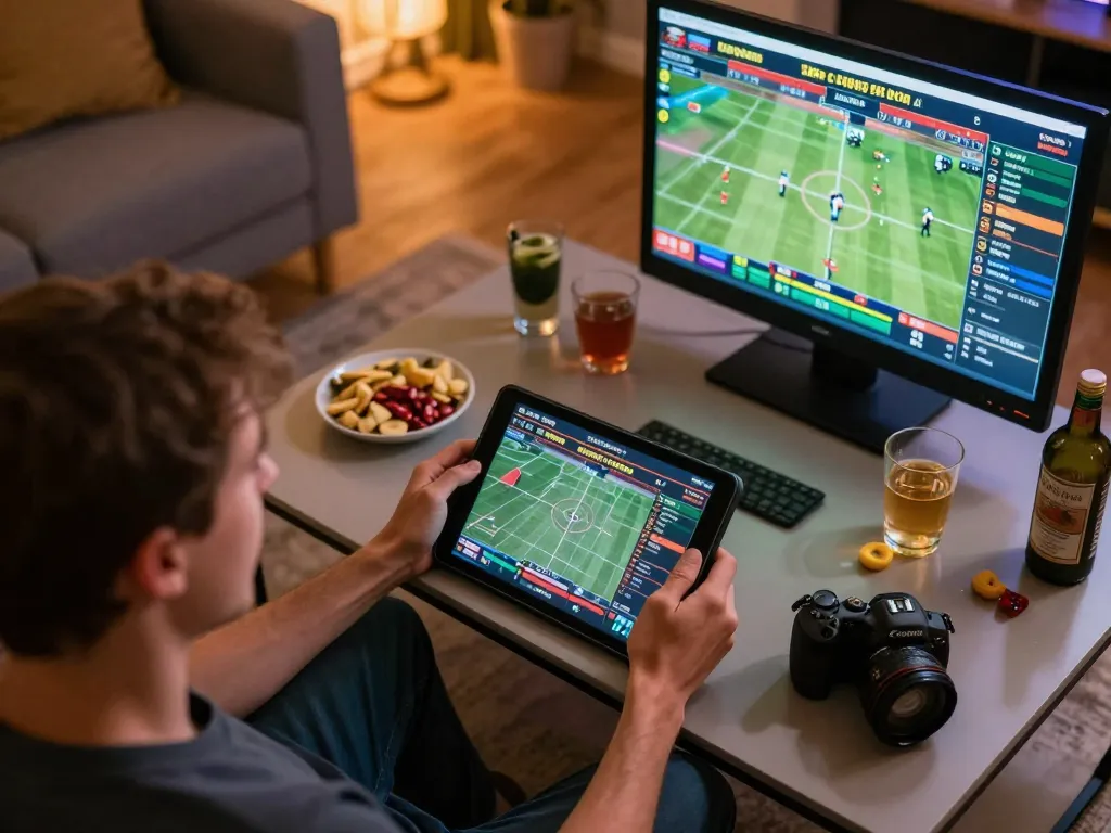 Engaging sports betting session on a tablet at https://mm88.today/ with friends in a cozy living room