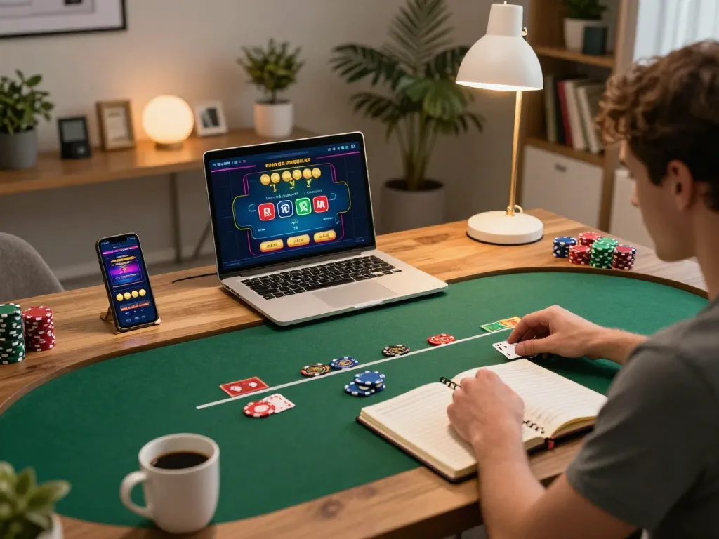 Engaging gameplay at https://sc88.casino/ with player strategizing during online poker session at home.