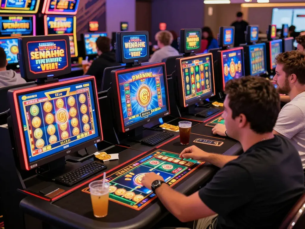 Pemain menikmati permainan slot online laoban188 dalam lingkungan permainan yang hidup.