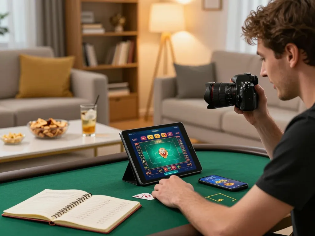 Pemain menjelajahi opsi poker online di tablet di tengah suasana rumah yang nyaman, menunjukkan permainan yang bertanggung jawab dengan catatan strategi tjroeng