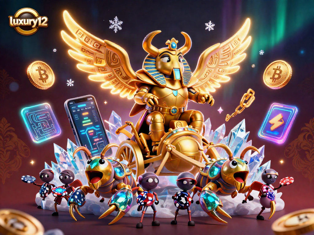 Menangkan jackpot di luxury12 dengan chariot ajaib yang dikelilingi koin kripto dan chip poker.