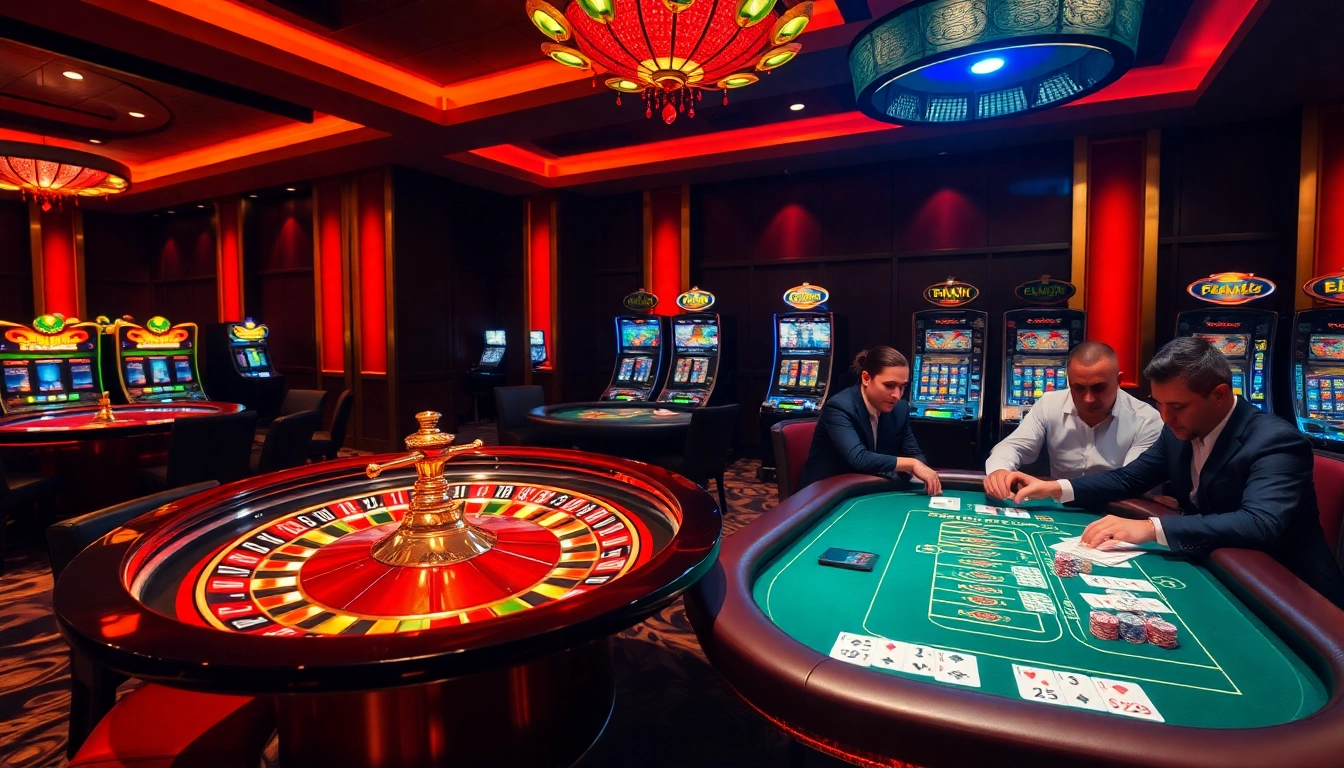 Experience thrilling casino action at BL555 with flashing lights from roulette wheels and vibrant poker chips.