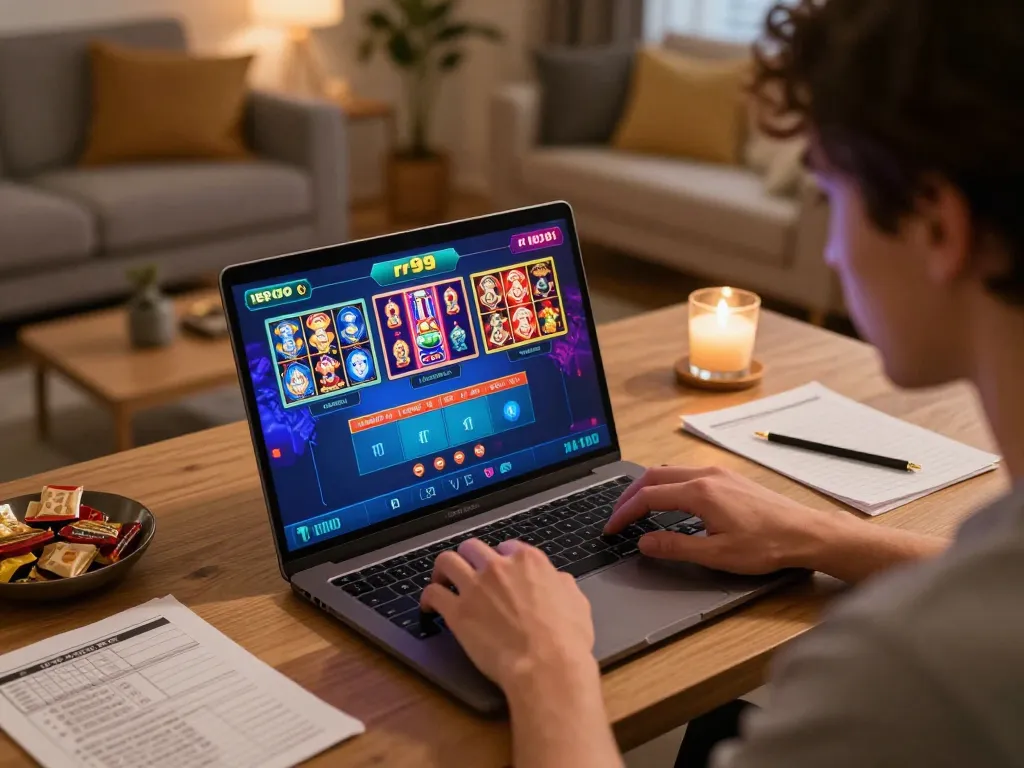 Player engaging with rr99 online casino on laptop, showcasing vibrant gaming interface and cozy gaming setup.