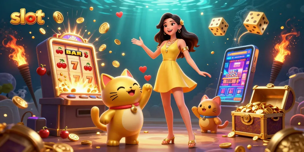 Spin and win at slot games with a cheerful woman and a lucky cat mascot, celebrating jackpots.