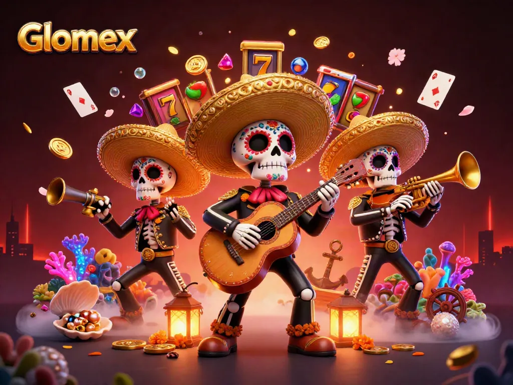 Engage with the exciting Glomex casino scene featuring vibrant skeleton mariachi characters among dynamic slot games.