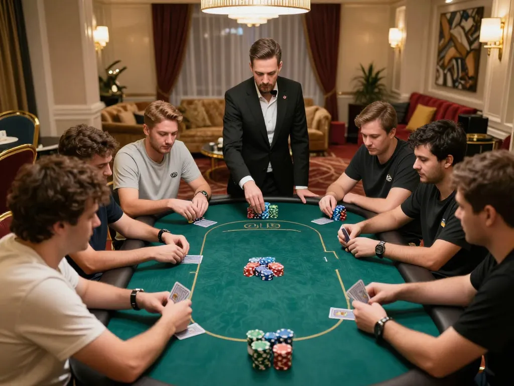 Engaged players in a high-stakes poker game at Kong 88's VIP room, showcasing intense gameplay and strategy