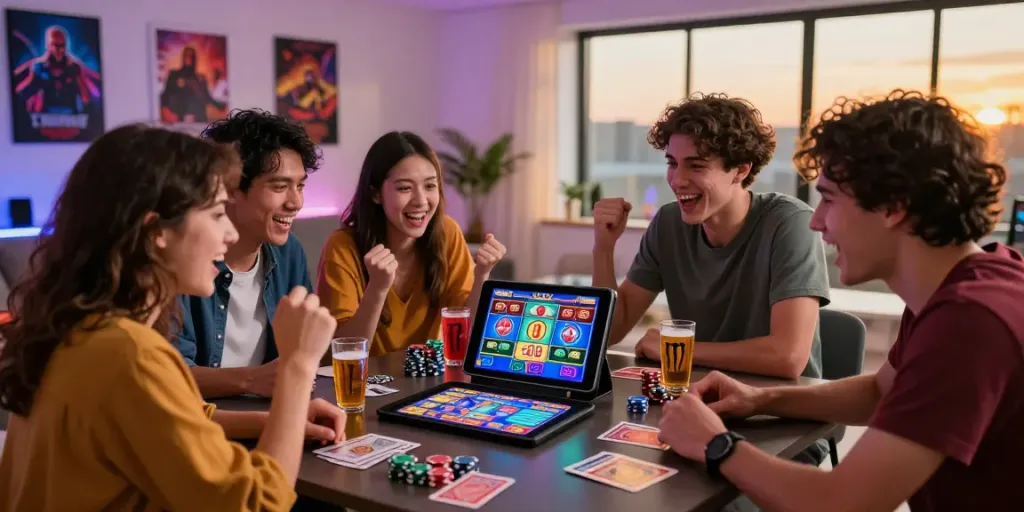 Friends enjoying an akunjp gaming session in a vibrant living room, celebrating wins around a tablet.