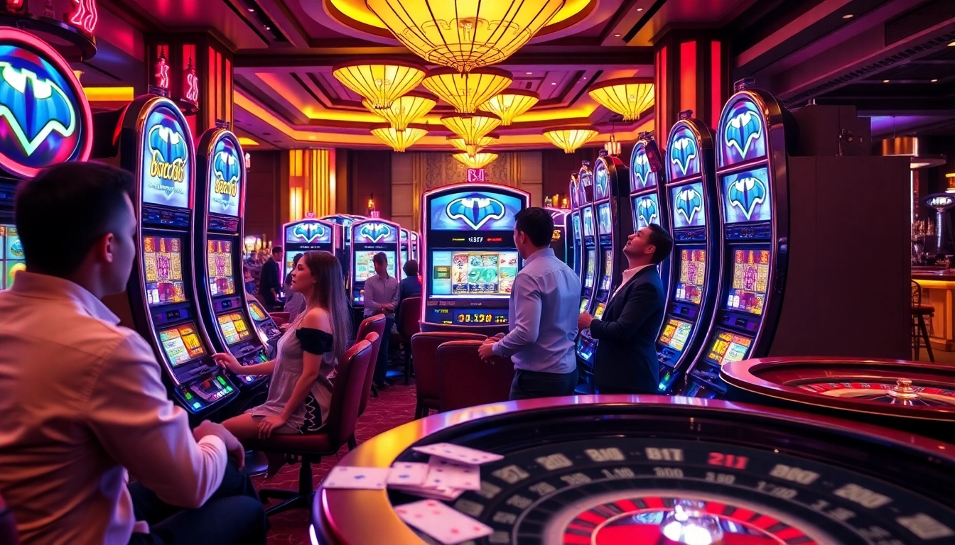 Players enjoying the vibrant batman138 slot machines in a luxurious casino setting.