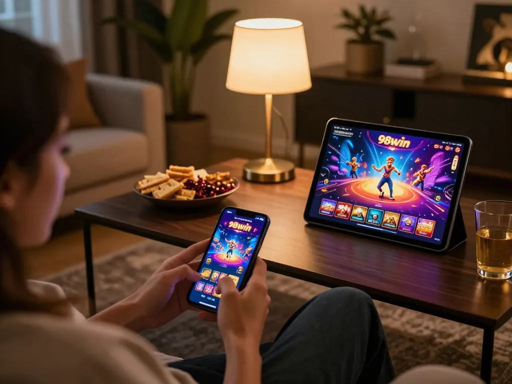 Players enjoying gaming on 98win's mobile app in a stylish home setting, showcasing modern entertainment