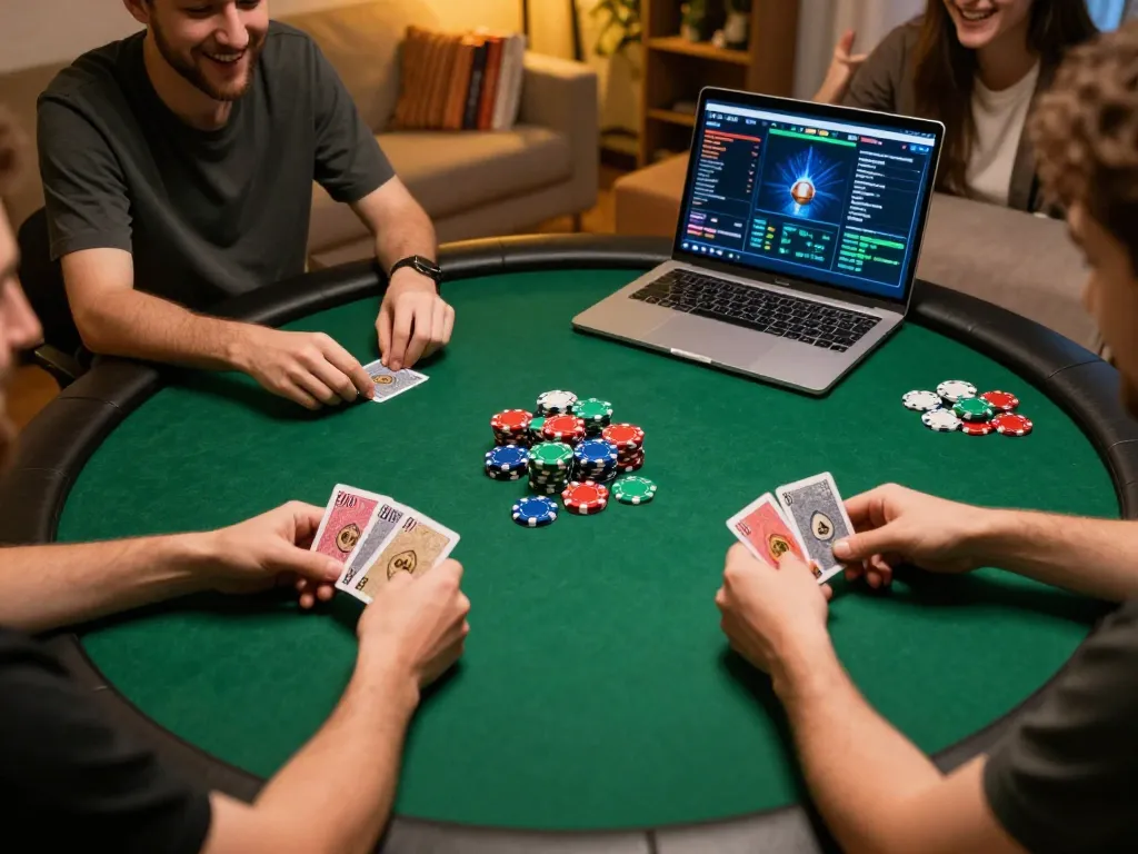 Play dynamic online poker at goal123.ac with friends, showcasing colorful chips and gameplay action
