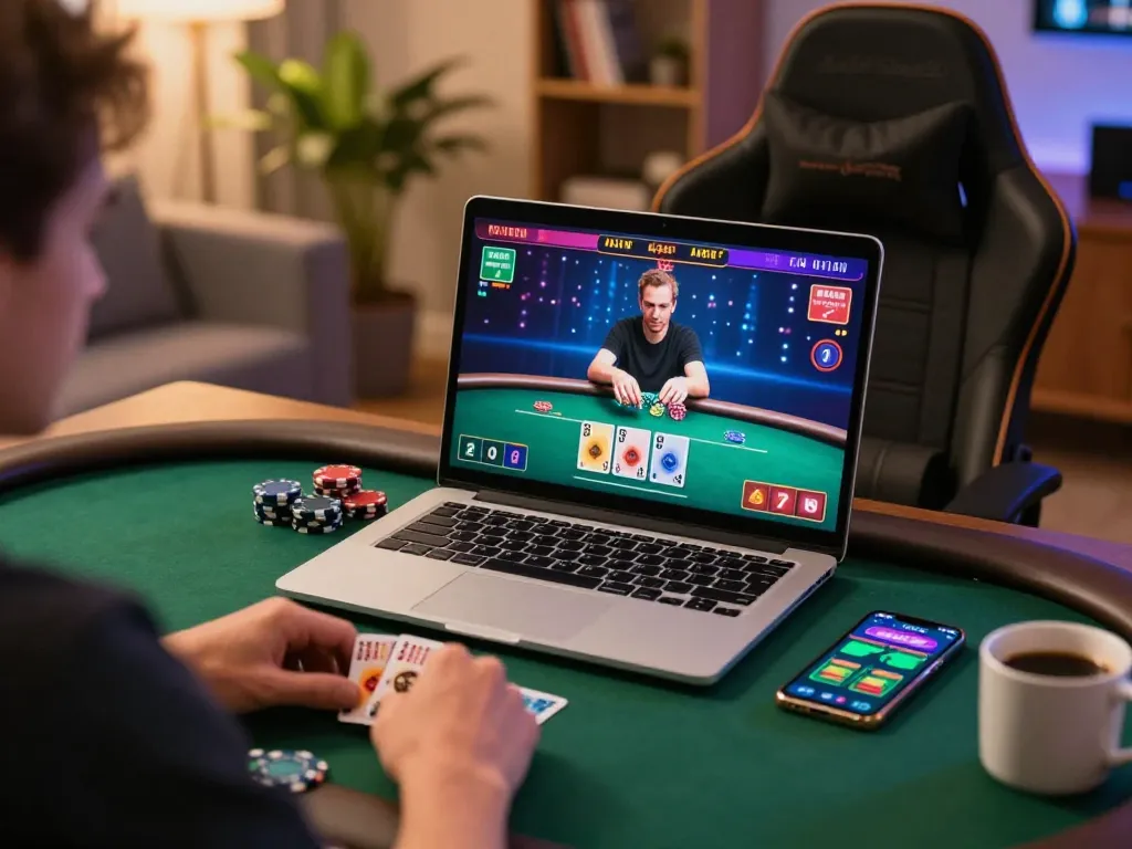 Play poker strategically with du 88 on a laptop in a cozy home gaming setup, showing competitive gameplay.