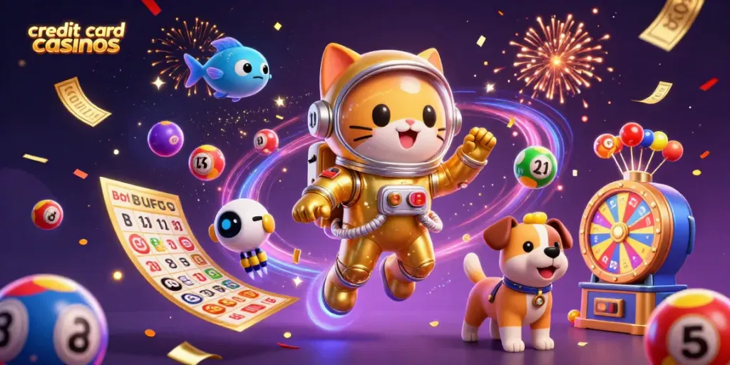 Explore credit card casinos with our vibrant space-themed illustration showcasing dynamic gaming elements.
