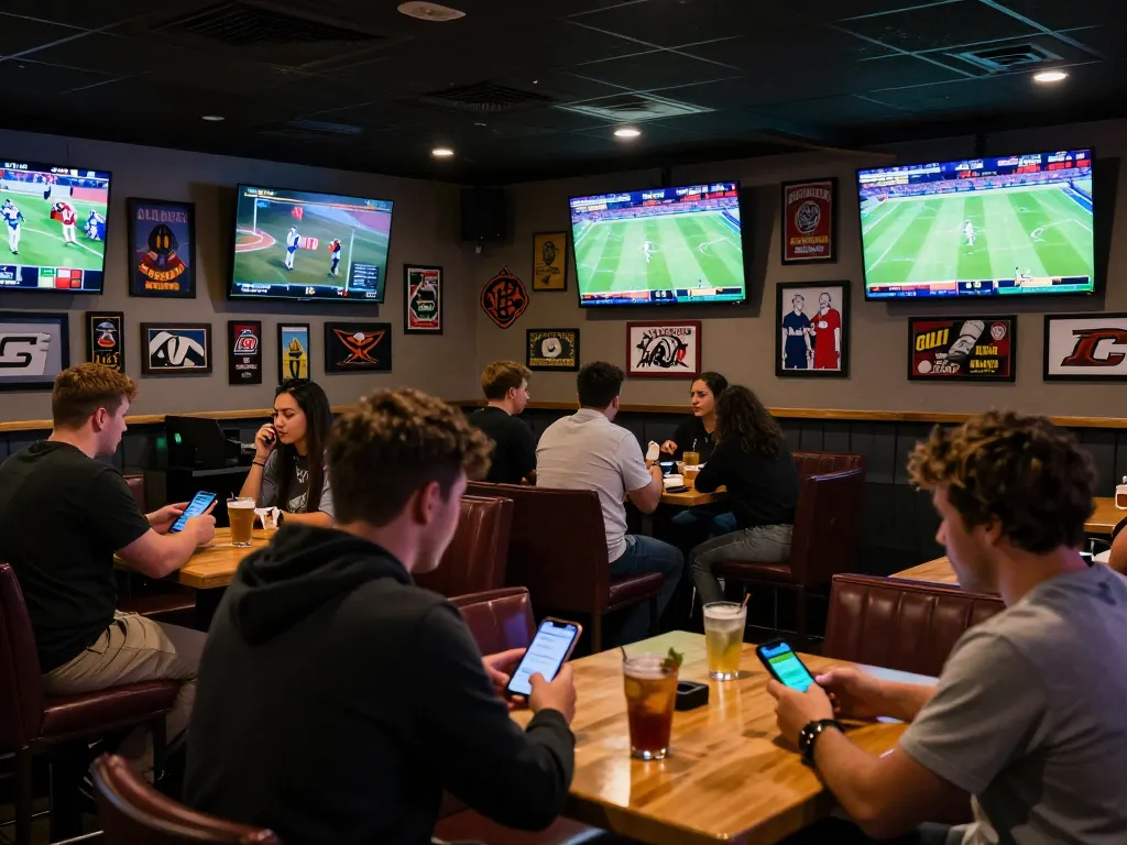 Engaged sports fans using mobile apps for cược thể thao at a lively sports bar